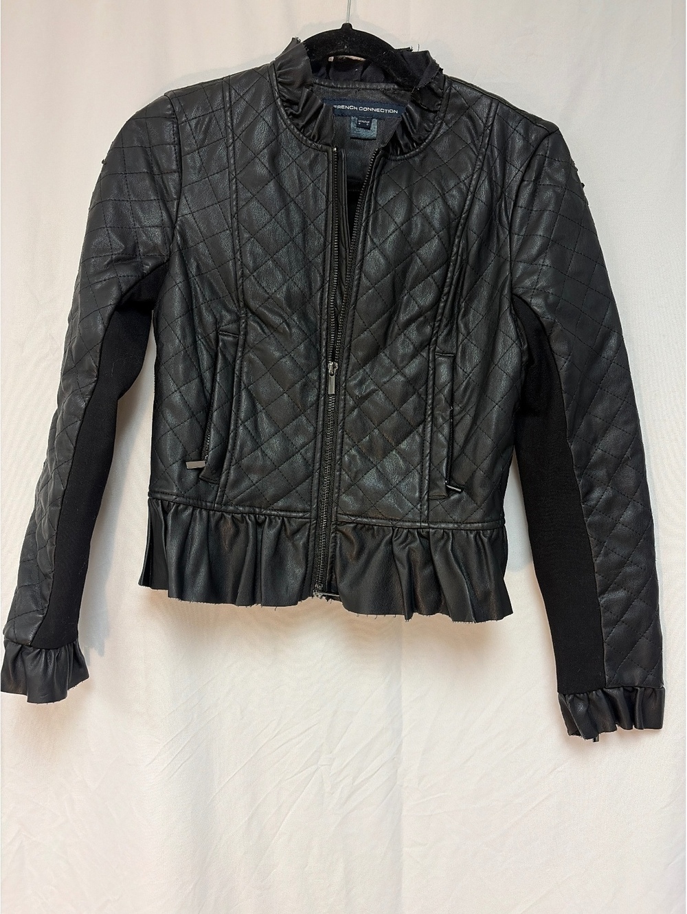 French Connection Black Quilted Faux Leather Jacket with Ruffle Detail, Size 4